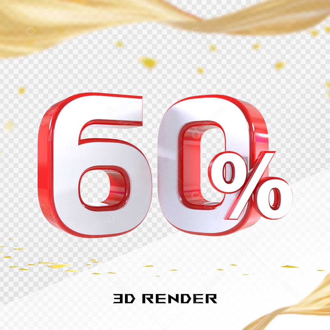 Elemento 3D Número 60% Branco para Composição PSD