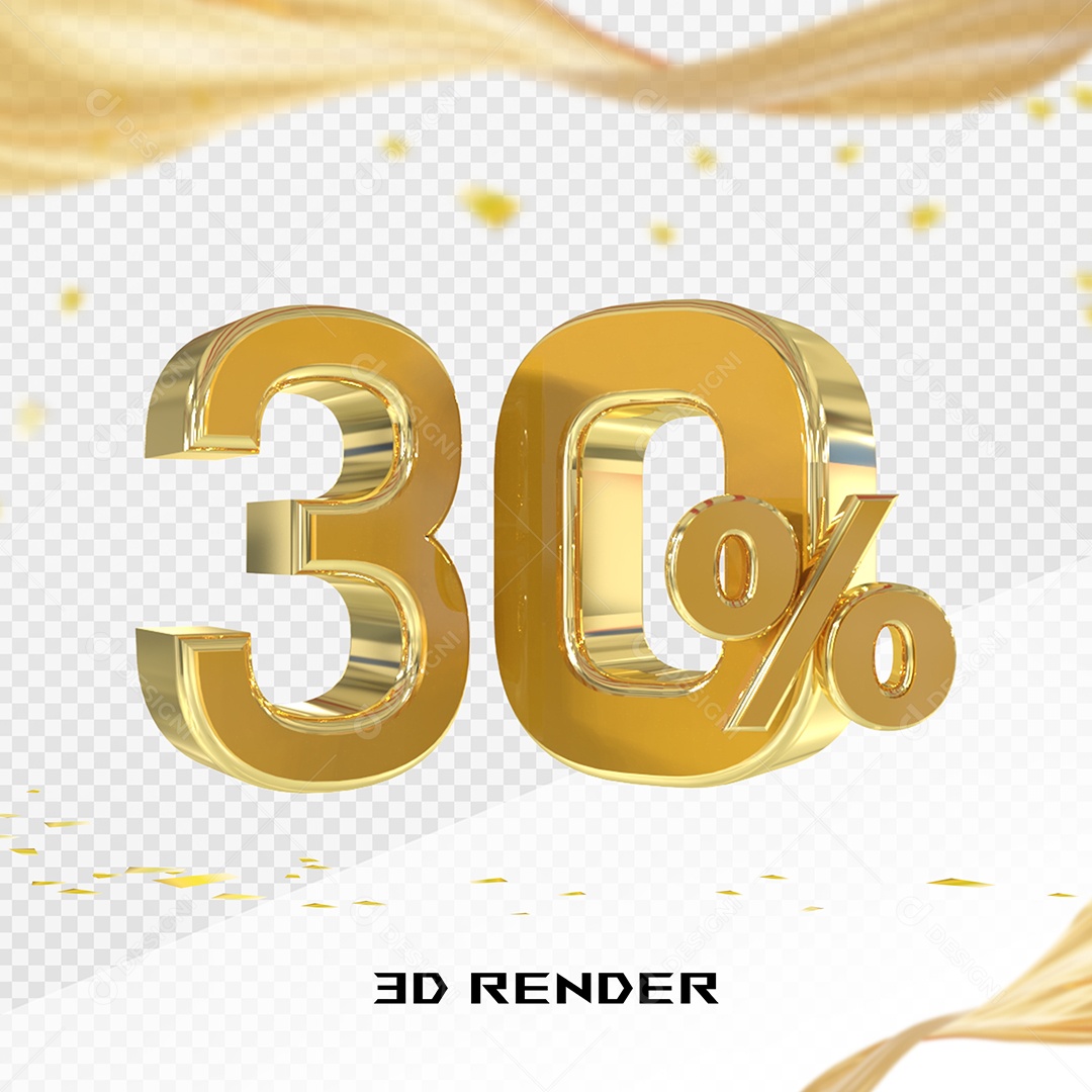 Elemento 3D Número 30% Dourado para Composição PSD
