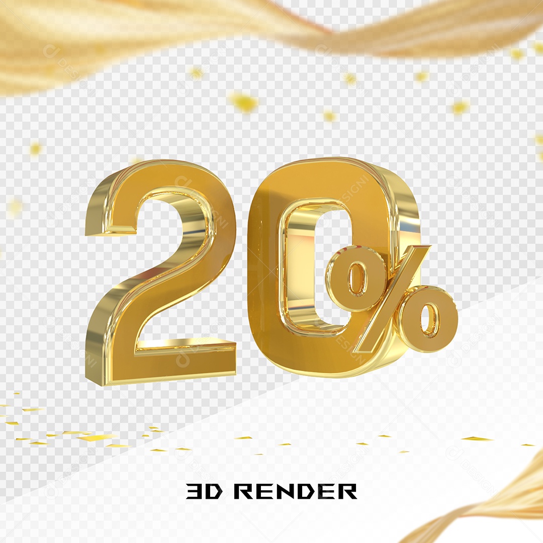 Elemento 3D Número 20% Dourado para Composição PSD
