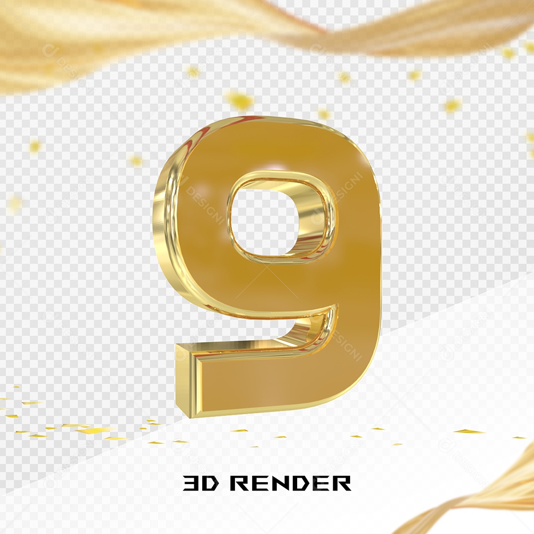 Elemento 3D Número 9 Dourado para Composição PSD