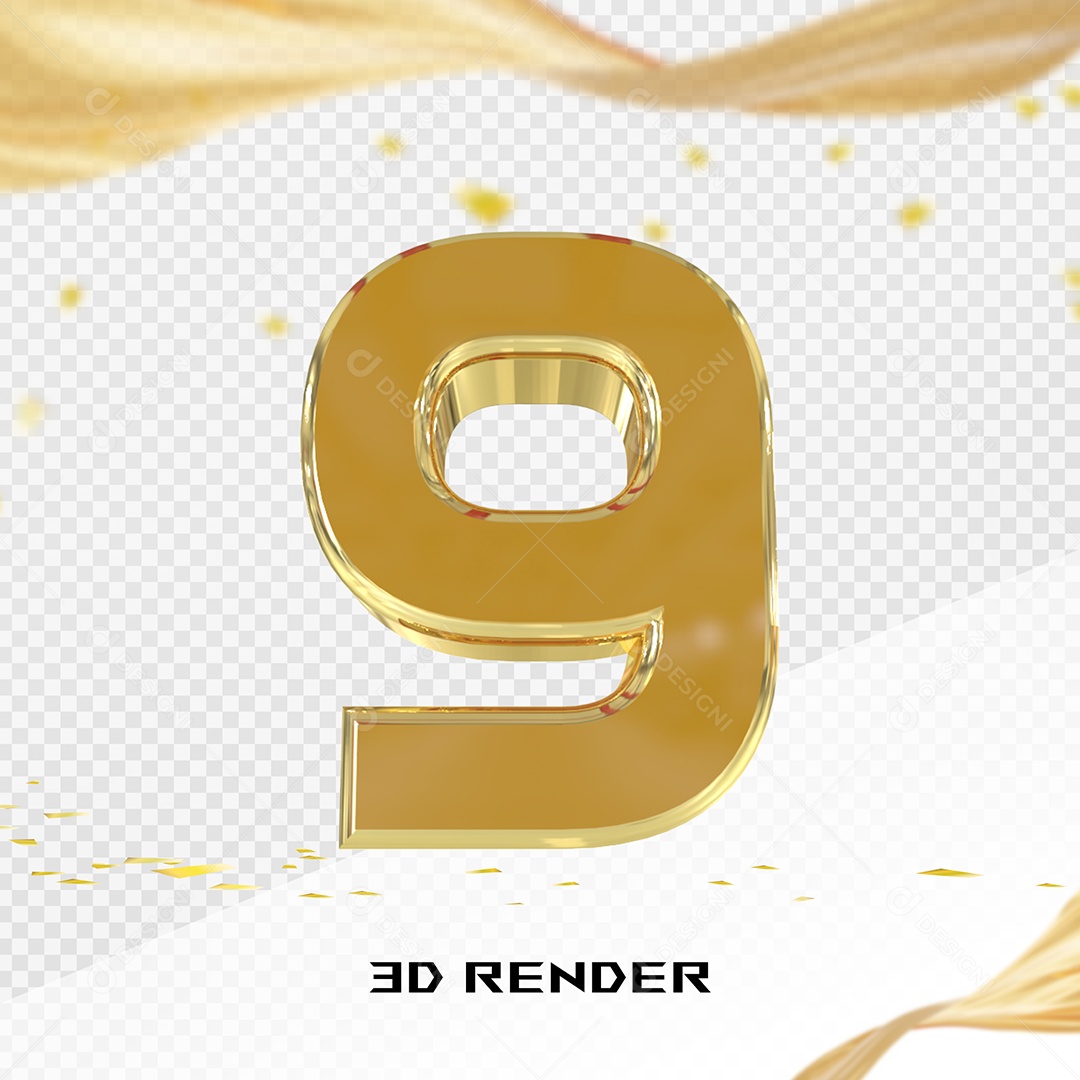 Elemento 3D Número 9 Dourado para Composição PSD