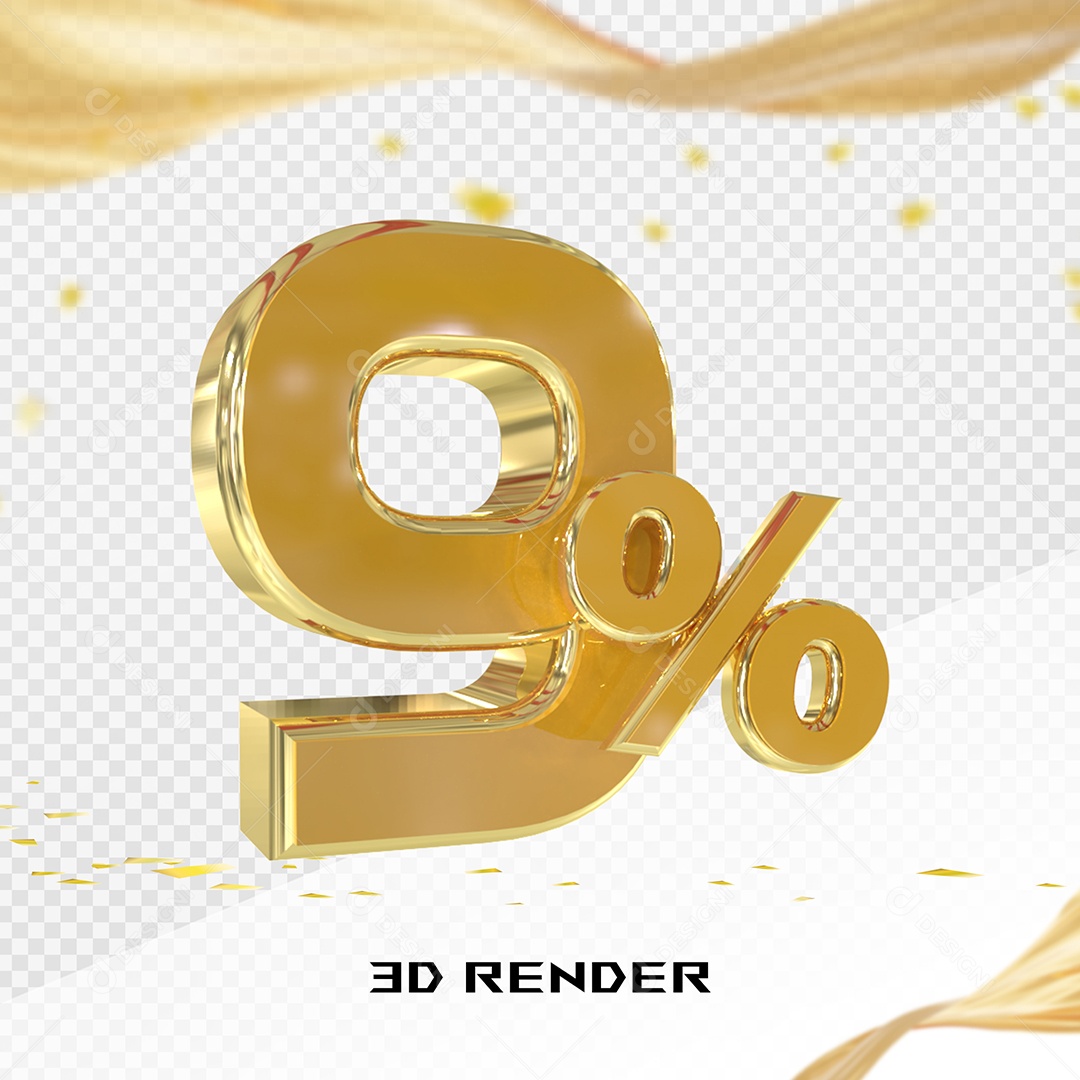 Elemento 3D Número 9% Dourado para Composição PSD