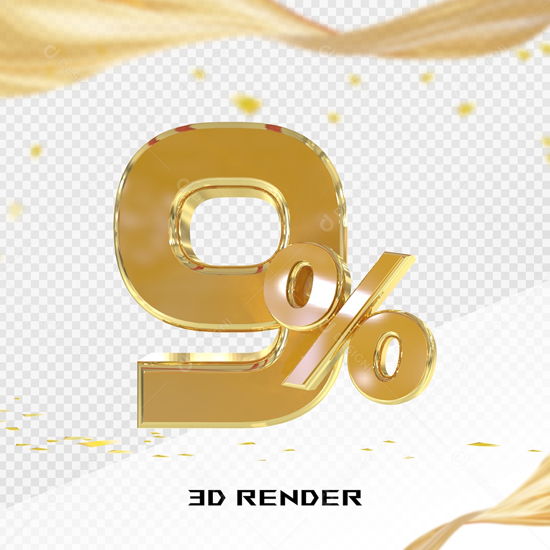 Elemento 3D Número 9% Dourado para Composição PSD
