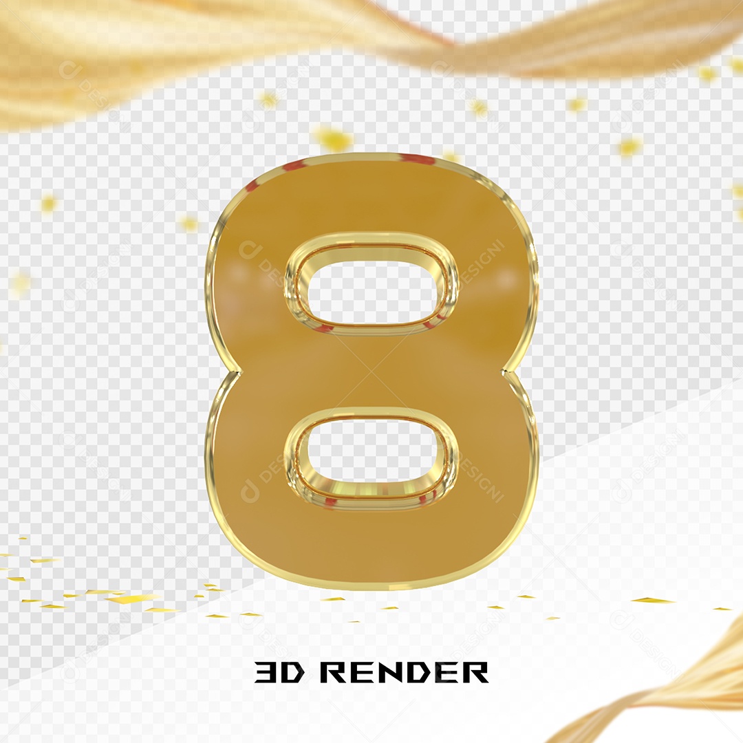 Elemento 3D Número 8 Dourado para Composição PSD