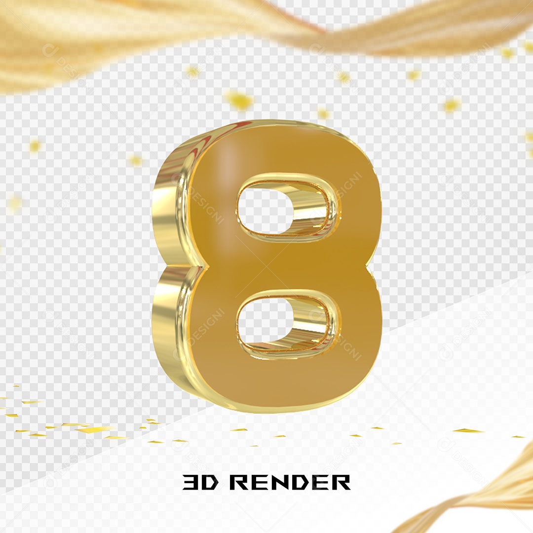 Elemento 3D Número 8 Dourado para Composição PSD