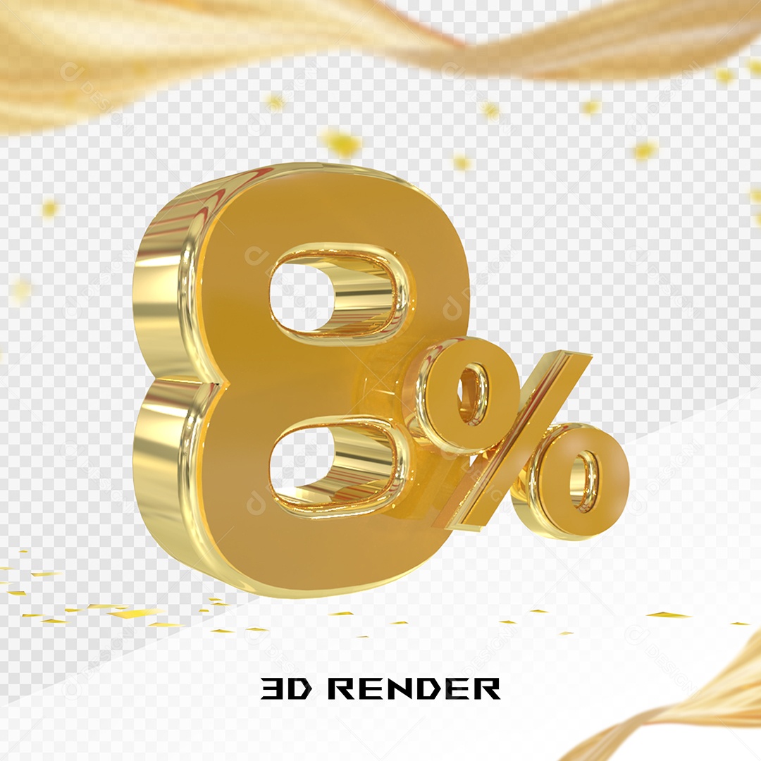 Elemento 3D Número 8% Dourado para Composição PSD