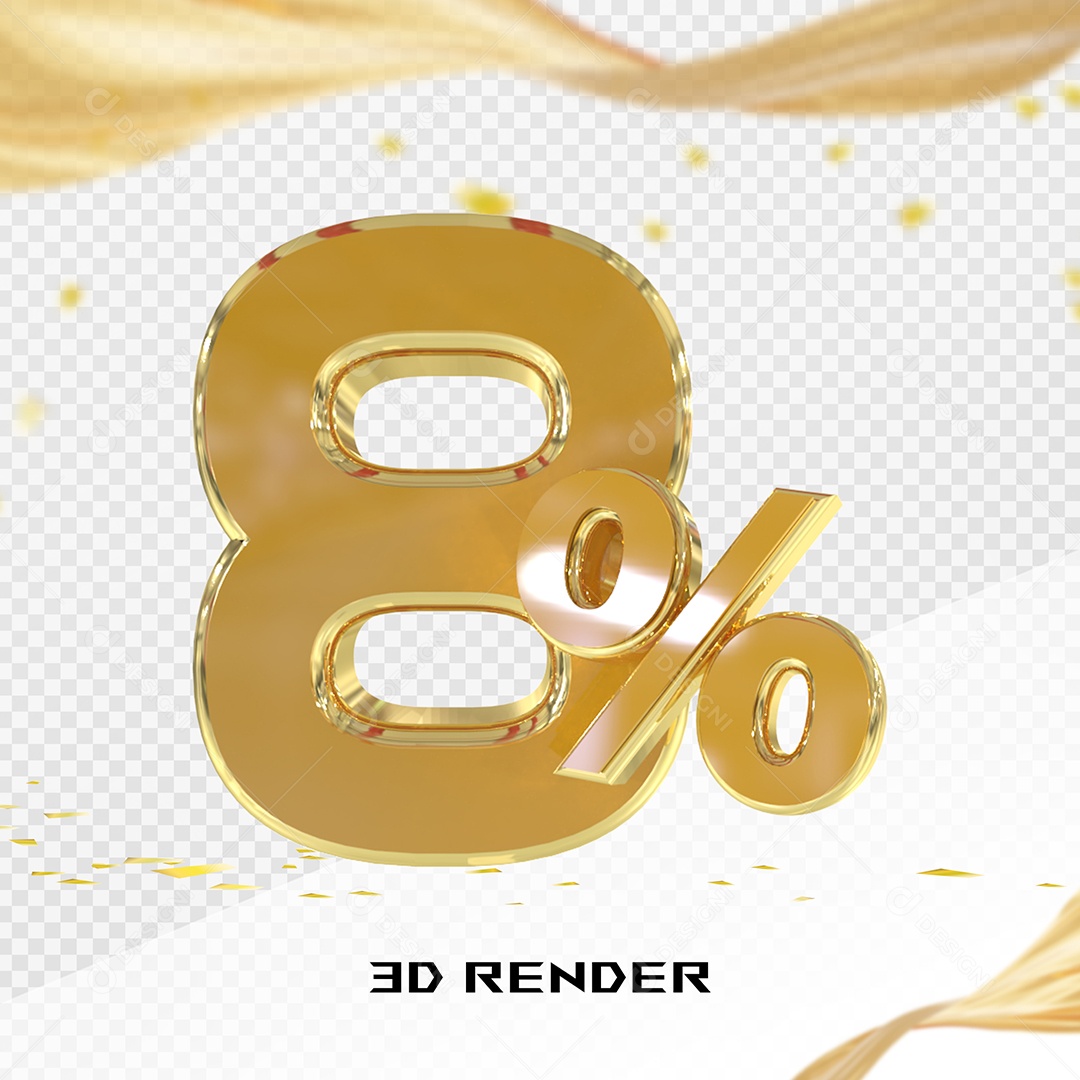 Elemento 3D Número 8% Dourado para Composição PSD