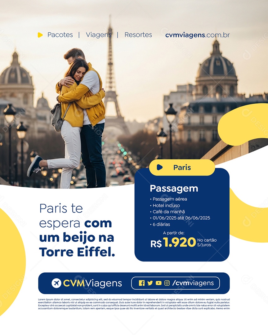 Agência de Turismo Paris Te Espera com Um Beijo na Torre Eiffel Social Media PSD Editável