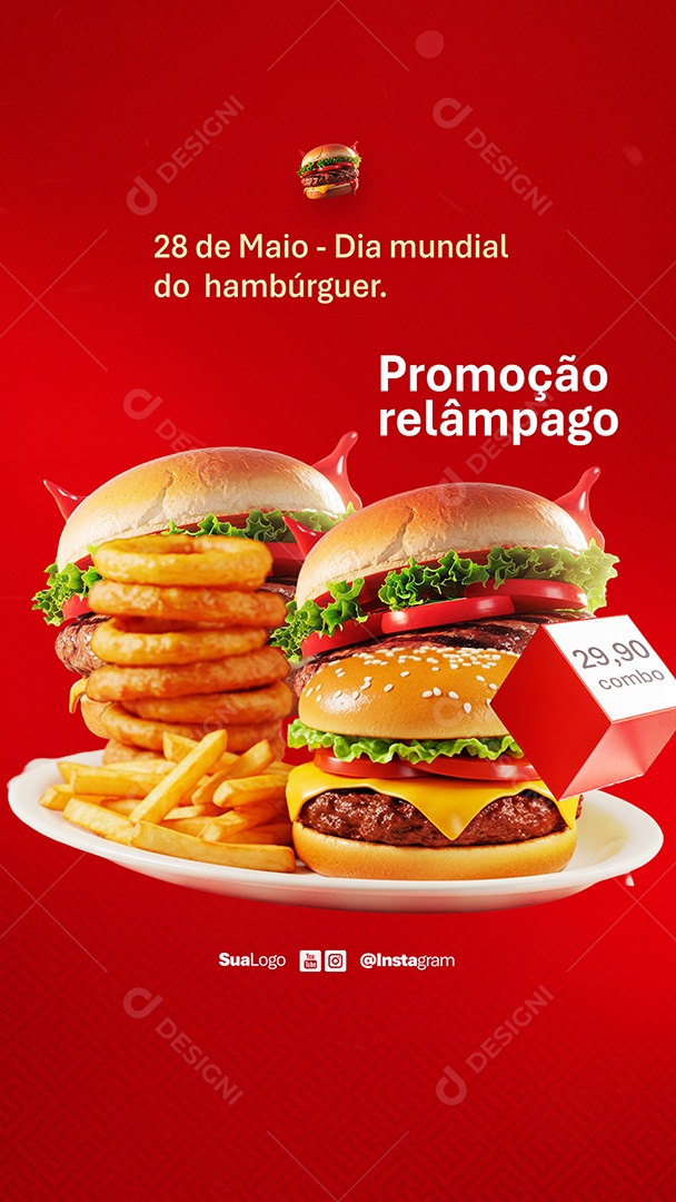 Story Dia Mundial do Hambúrguer 28 de Maio Promoção Relâmpago Social Media PSD Editável