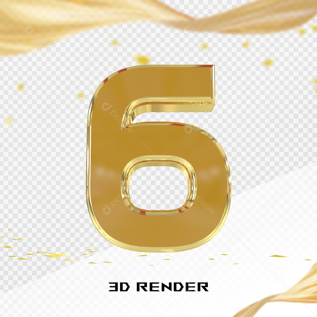 Elemento 3D Número 6 Dourado para Composição PSD