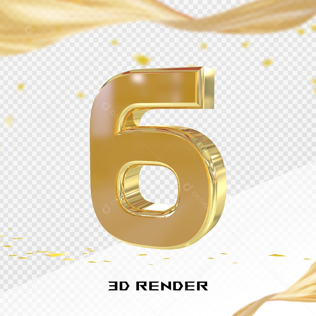 Elemento 3D Número 6 Dourado para Composição PSD