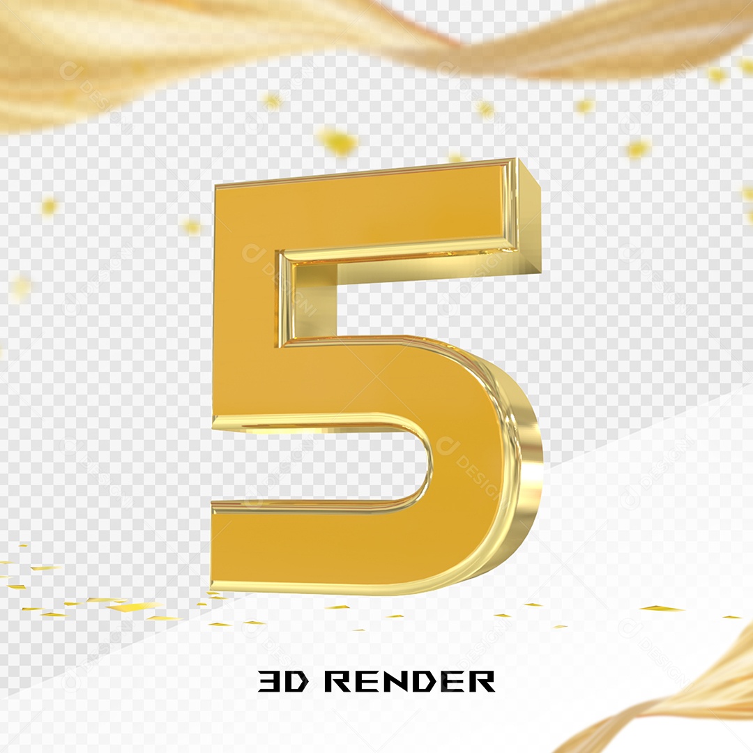 Elemento 3D Número 5 Dourado para Composição PSD