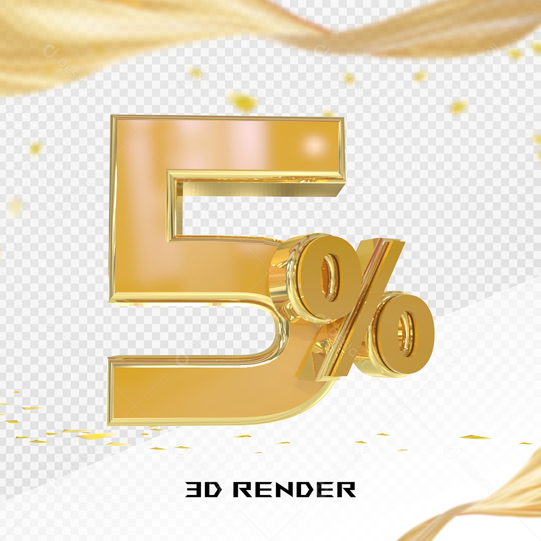 Elemento 3D Número 5% Dourado para Composição PSD