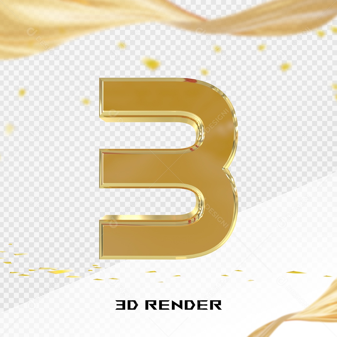 Elemento 3D Número 3 Dourado para Composição PSD