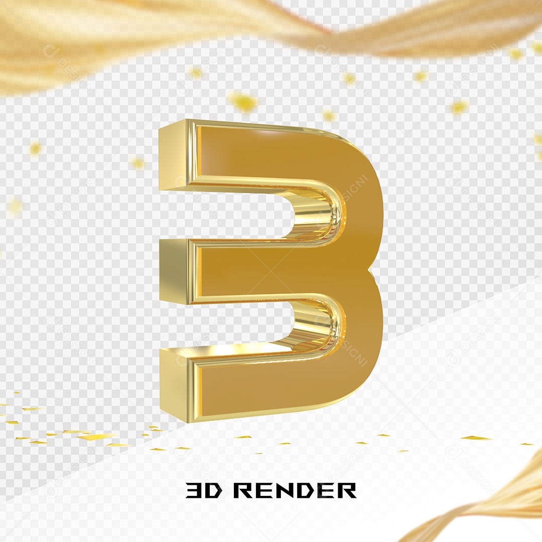 Elemento 3D Número 3 Dourado para Composição PSD
