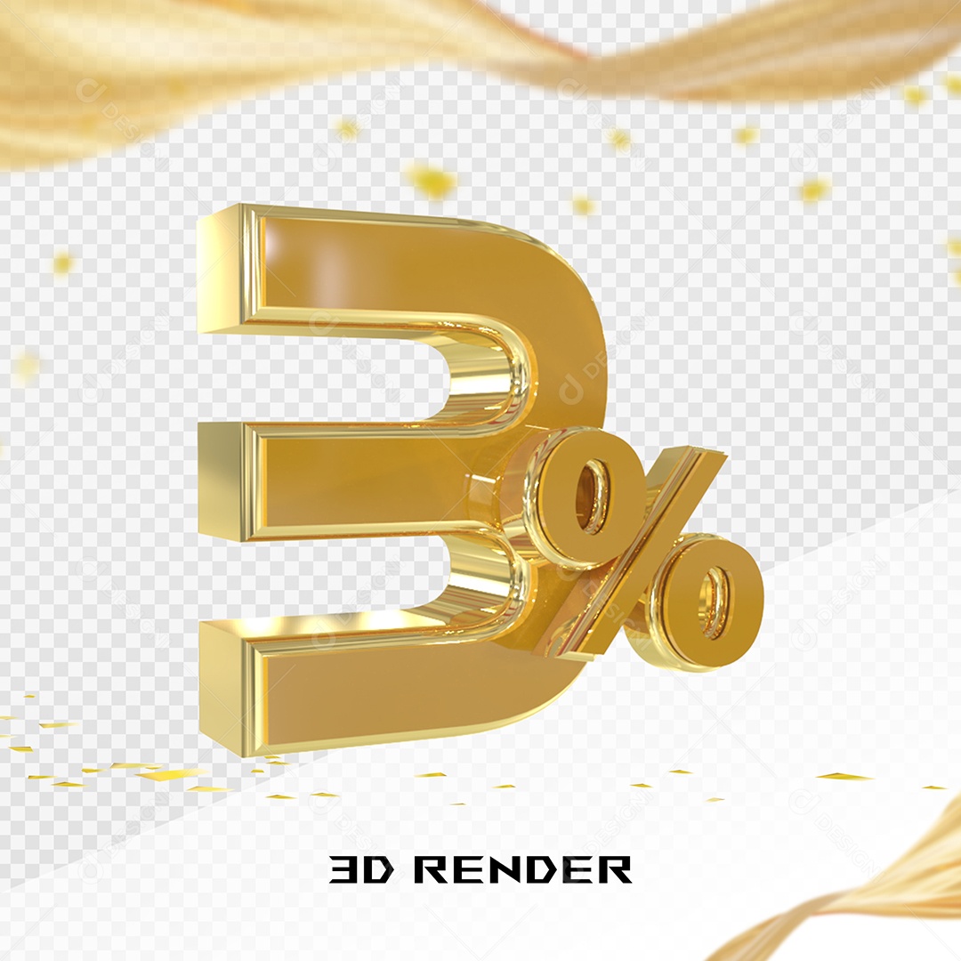 Elemento 3D Número 3% Dourado para Composição PSD