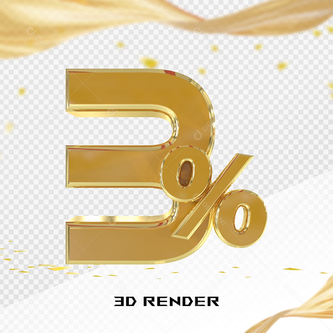 Elemento 3D Número 3% Dourado para Composição PSD