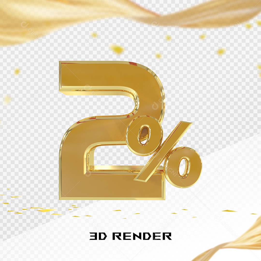 Elemento 3D Número 2% Dourado para Composição PSD
