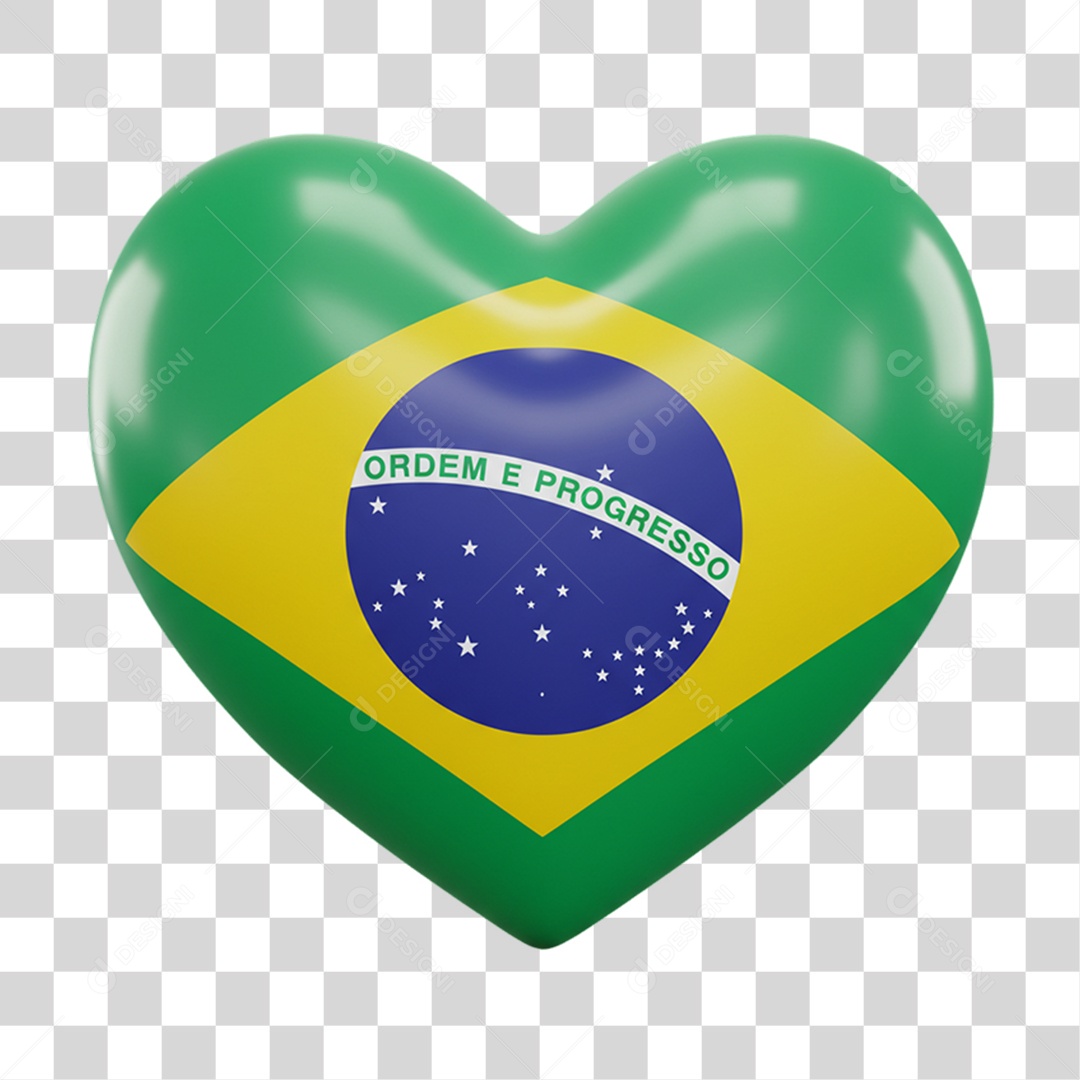 Elemento 3D Coração com Bandeira do Brasil 7 de Setembro PNG Transparente