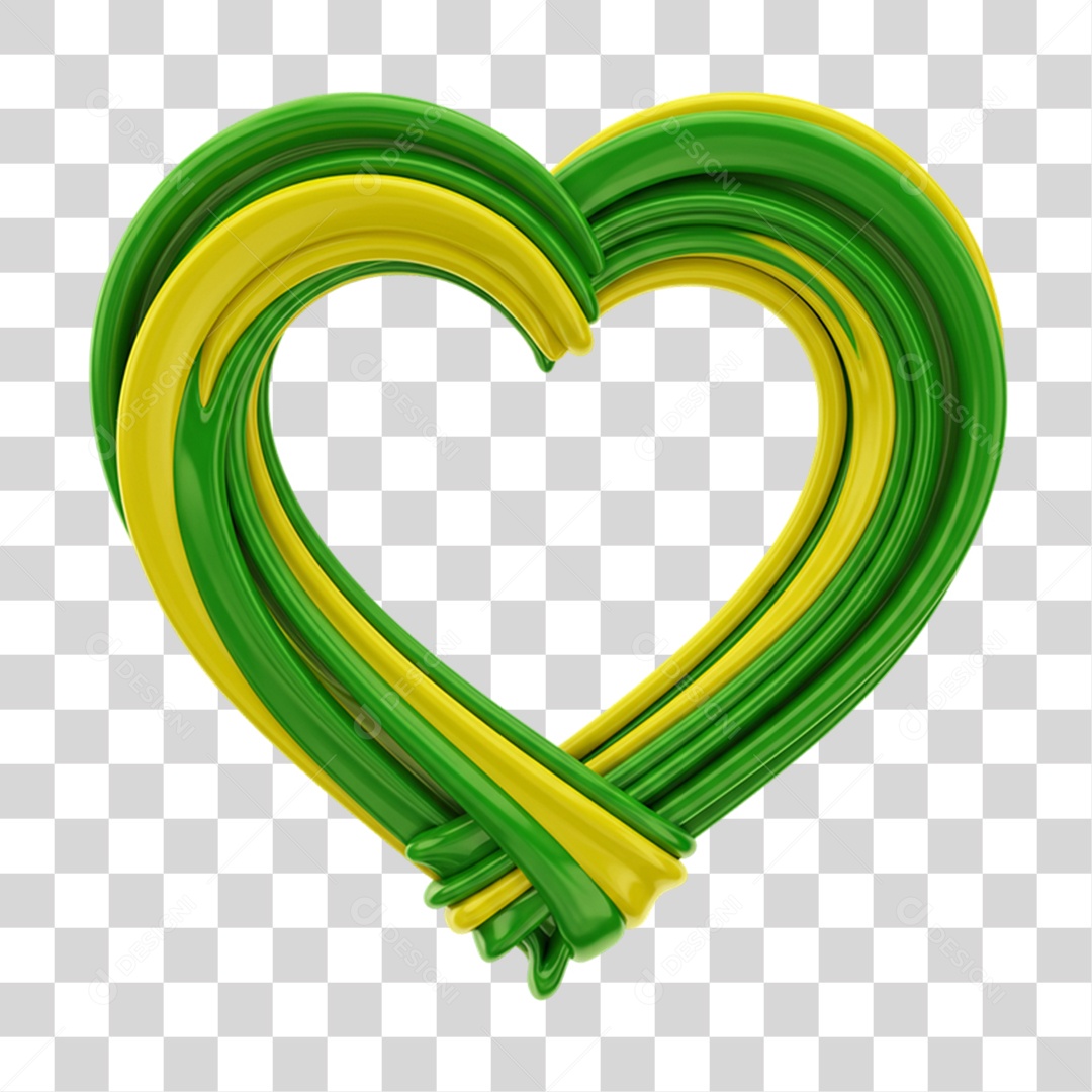 Elemento 3D Coração Cores da Bandeira do Brasil 7 de Setembro PNG Transparente