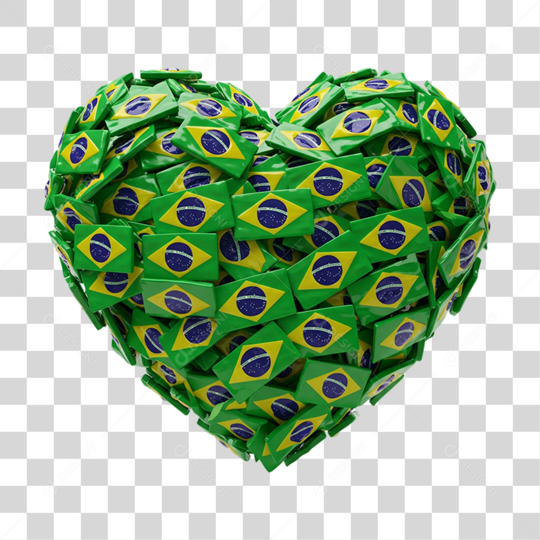 Elemento 3D Ícone Coração com Bandeira do Brasil 7 de Setembro PNG Transparente