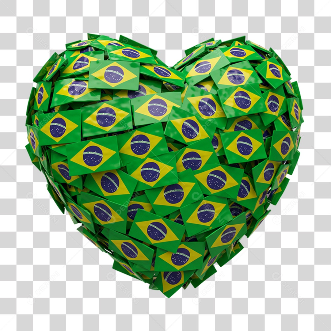 Elemento 3D Ícone Coração com Bandeira do Brasil 7 de Setembro PNG Transparente