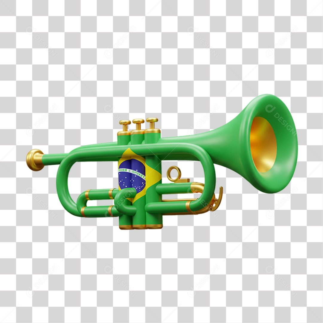 Elemento 3D Ícone Trompete com Bandeira do Brasil 7 de Setembro PNG Transparente