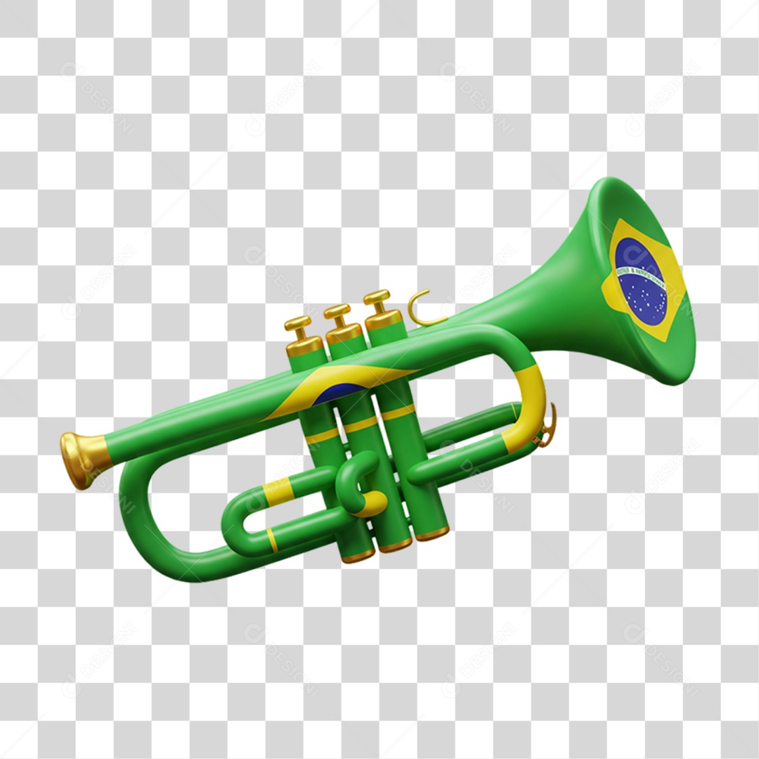 Elemento 3D Ícone Trompete com Bandeira do Brasil 7 de Setembro PNG Transparente
