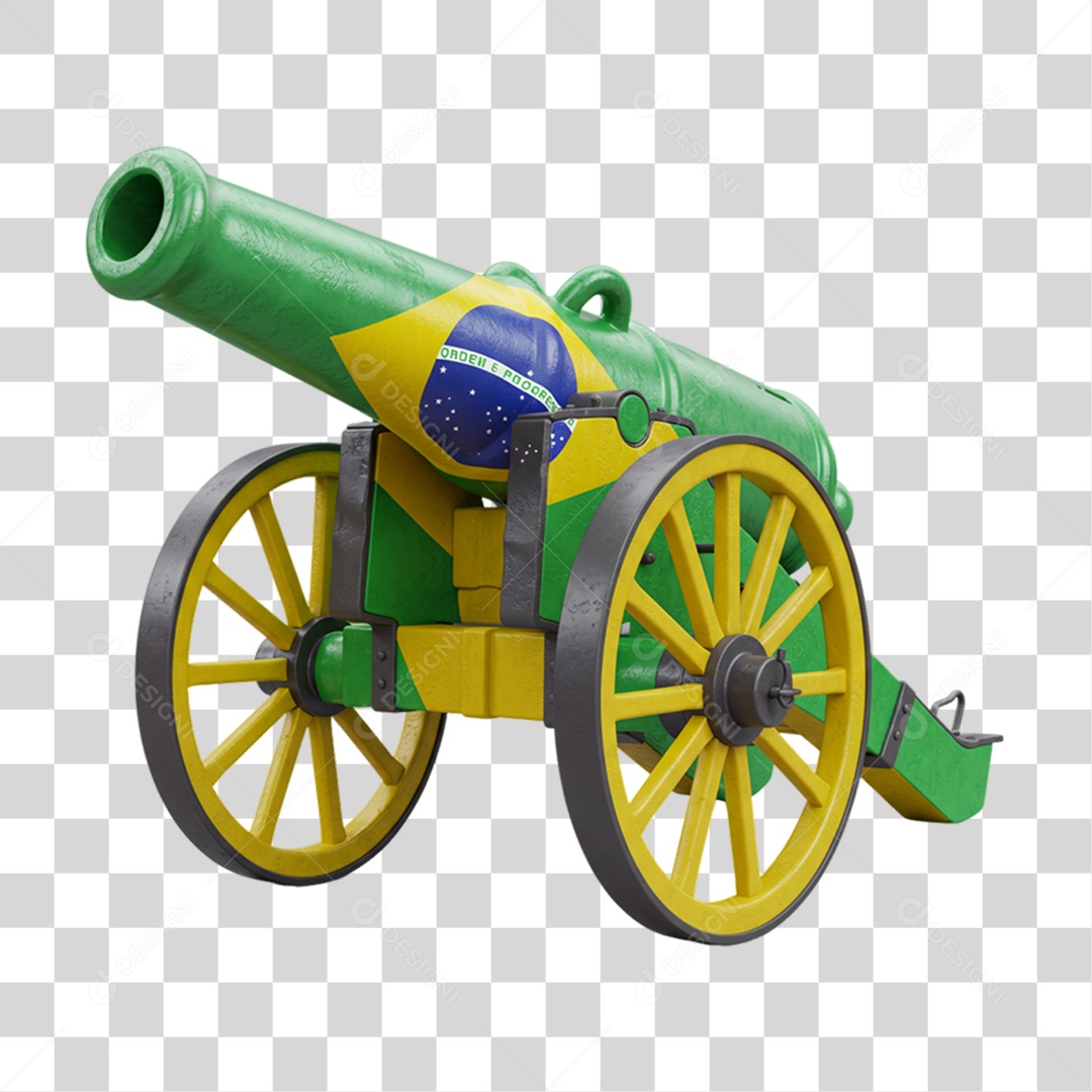 Elemento 3D Ícone Canhão com Bandeira do Brasil 7 de Setembro PNG Transparente
