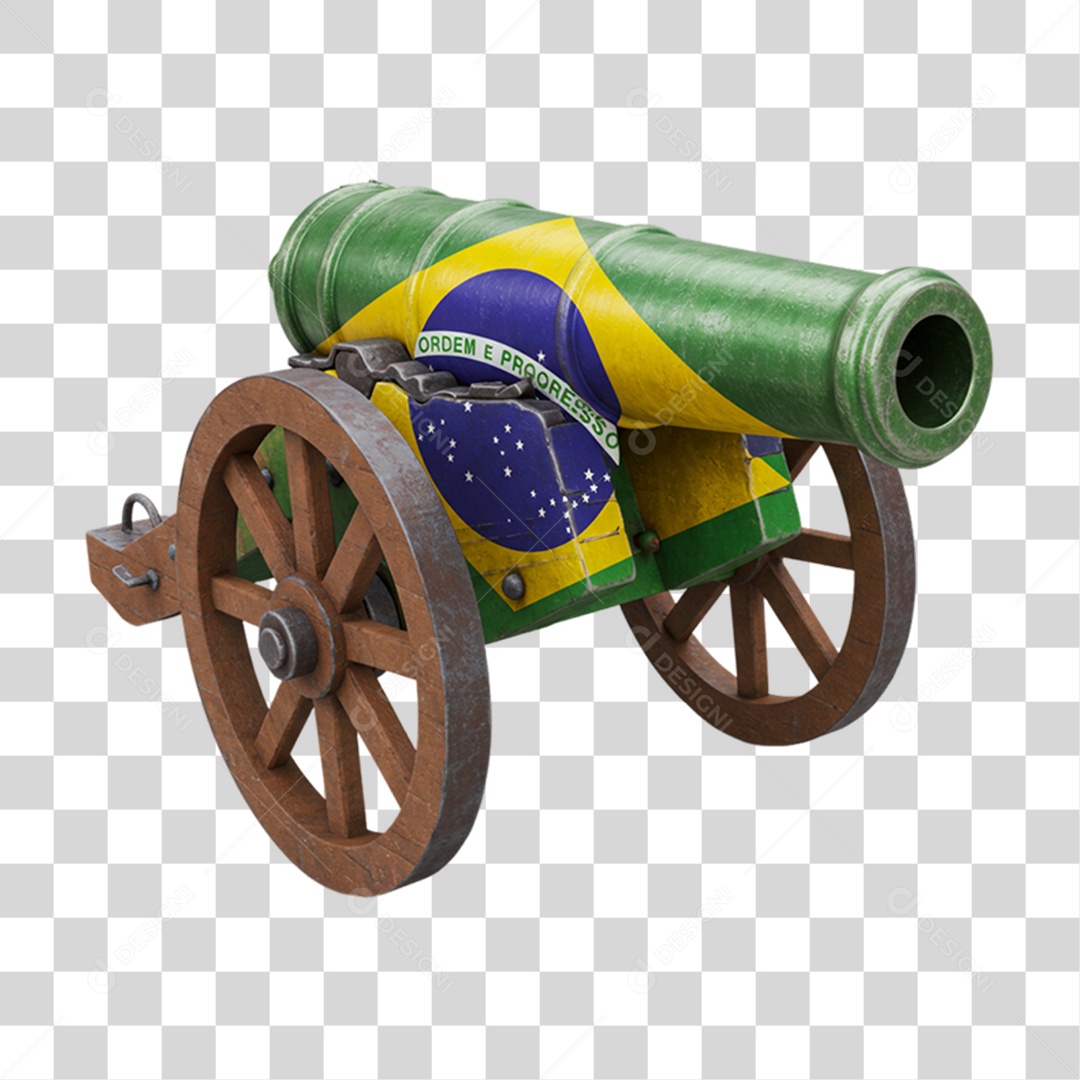 Elemento 3D Ícone Canhão com Bandeira do Brasil 7 de Setembro PNG Transparente