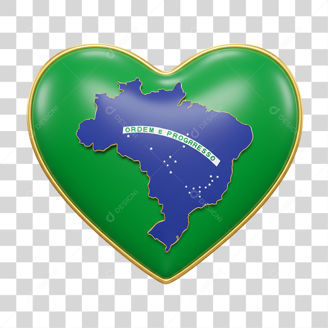 Elemento 3D Ícone Coração com Mapa do Brasil 7 de Setembro PNG Transparente