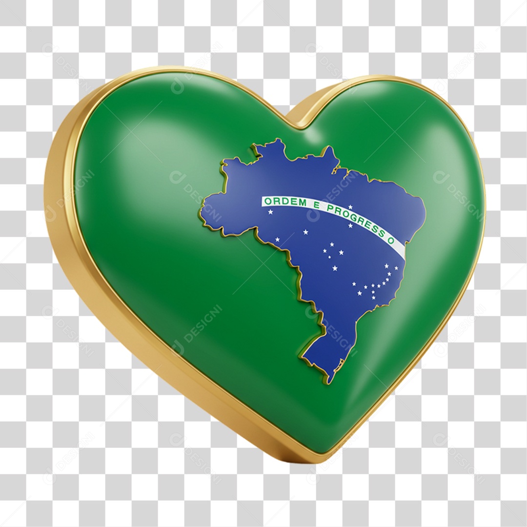Elemento 3D Ícone Coração com Mapa do Brasil 7 de Setembro PNG Transparente