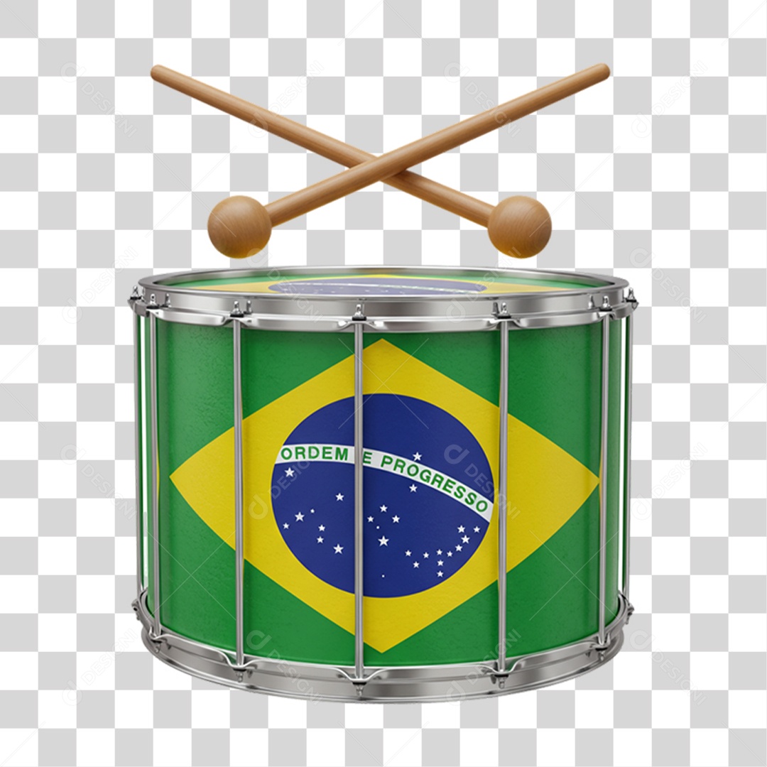 Elemento 3D Ícone Tambor com Bandeira do Brasil 7 de Setembro PNG Transparente