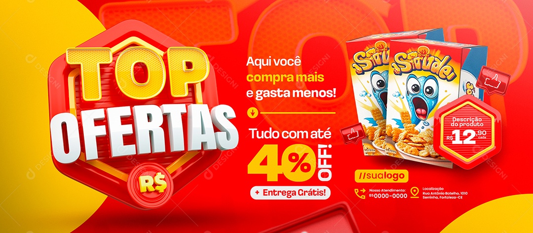 Banner Top Ofertas Supermercado Cereal Aqui Você Gasta Menos Social Media PSD Editável