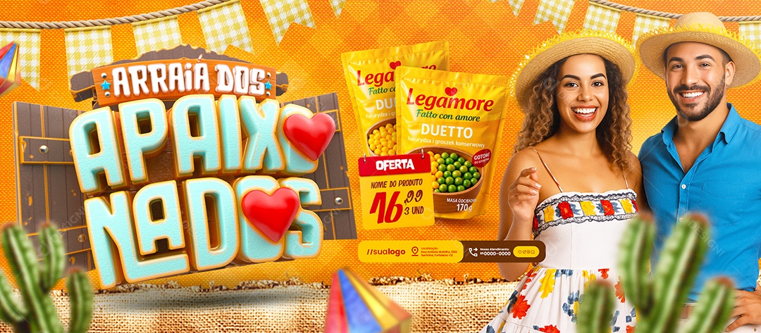 Banner Arraiá dos Apaixonados Supermercado Oferta Ervilha e Milho Social Media PSD Editável