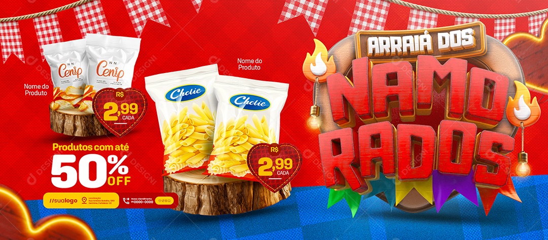 Banner Arraiá dos Namorados Supermercado Produtos com Até 50% Off Social Media PSD Editável