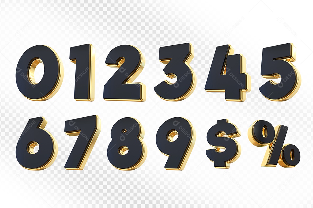 Elemento 3D Conjunto de Números Preto com Dourado  Para Composição PSD
