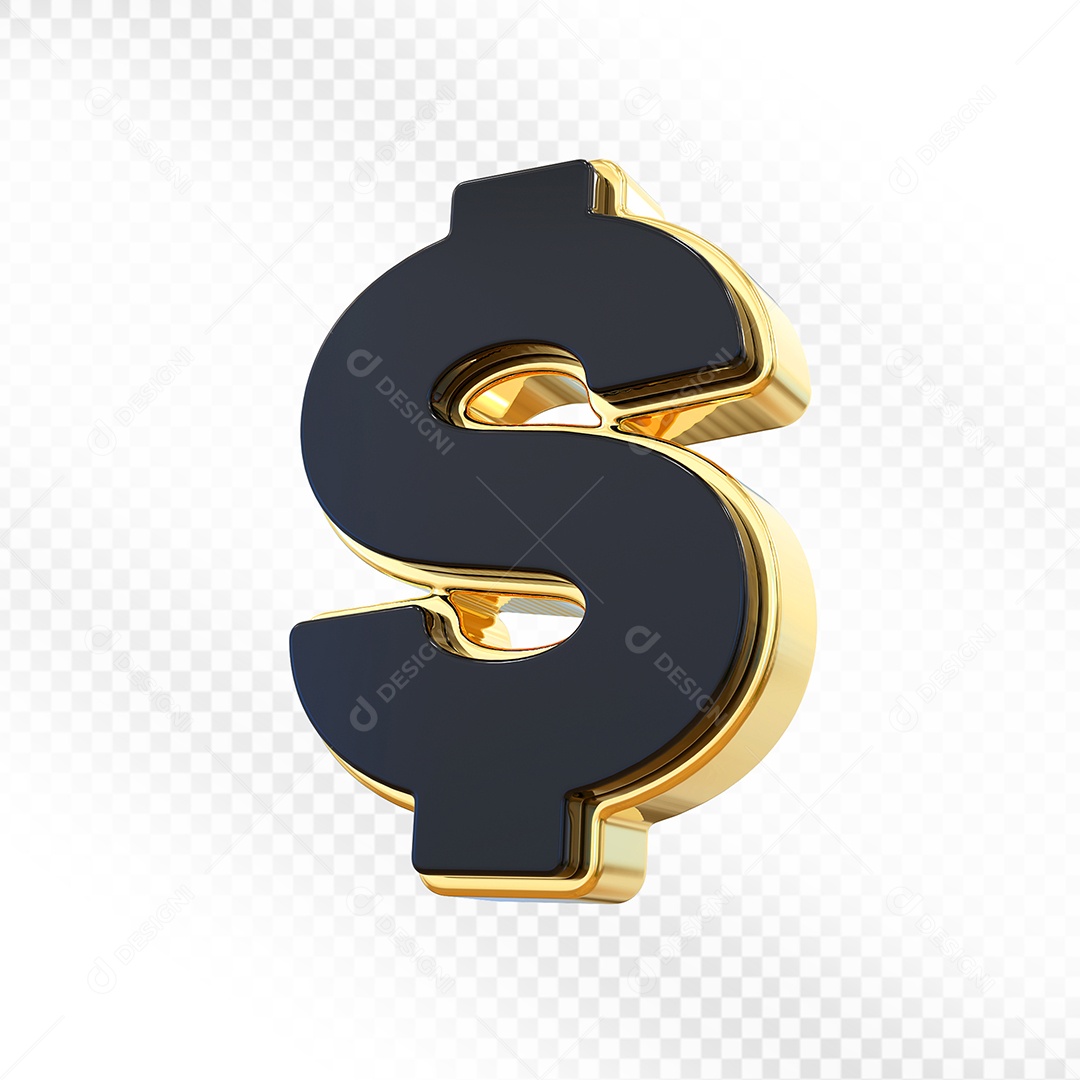 Elemento 3D Ícone Cifrão Preto com Dourado  Para Composição PSD