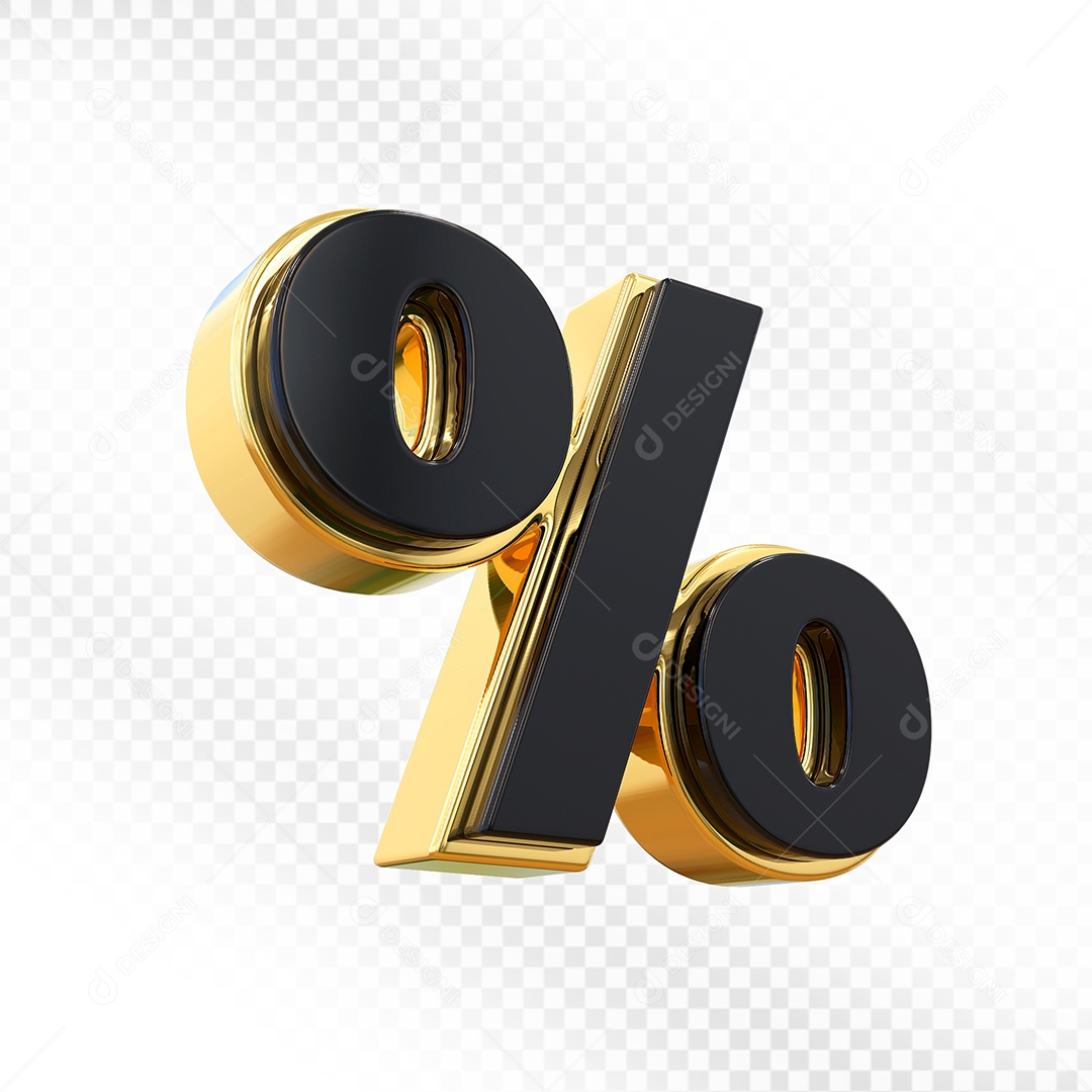Elemento 3D Ícone Porcentagem Preto com Dourado  Para Composição PSD