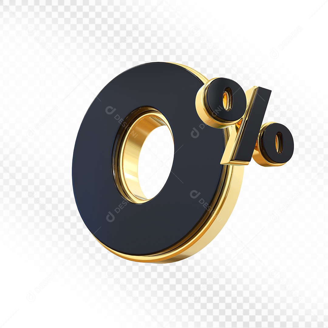 Elemento 3D Número 0% Preto com Dourado  Para Composição PSD