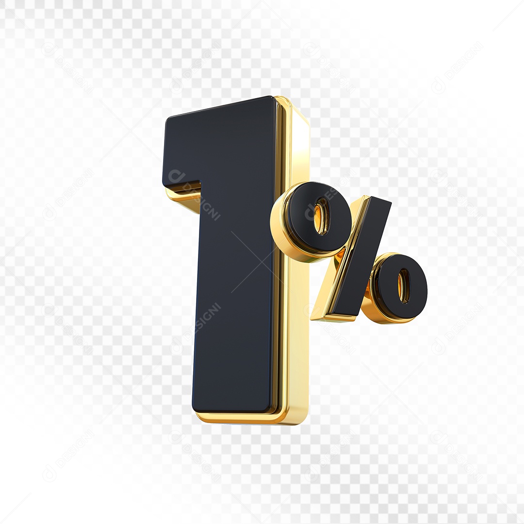 Elemento 3D Número 1% Preto com Dourado Para Composição PSD