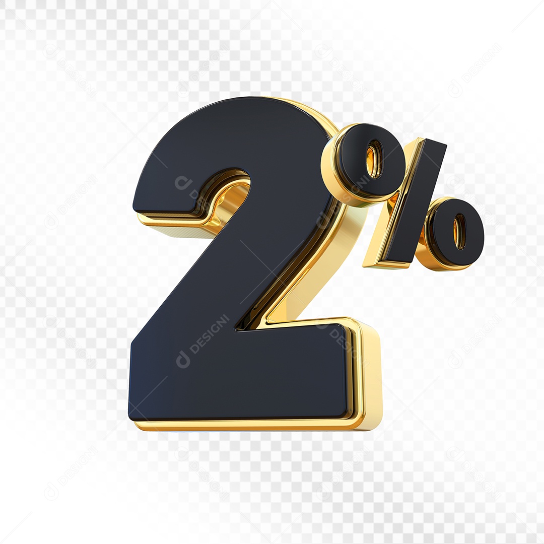 Elemento 3D Número 2% Preto com Dourado Para Composição PSD