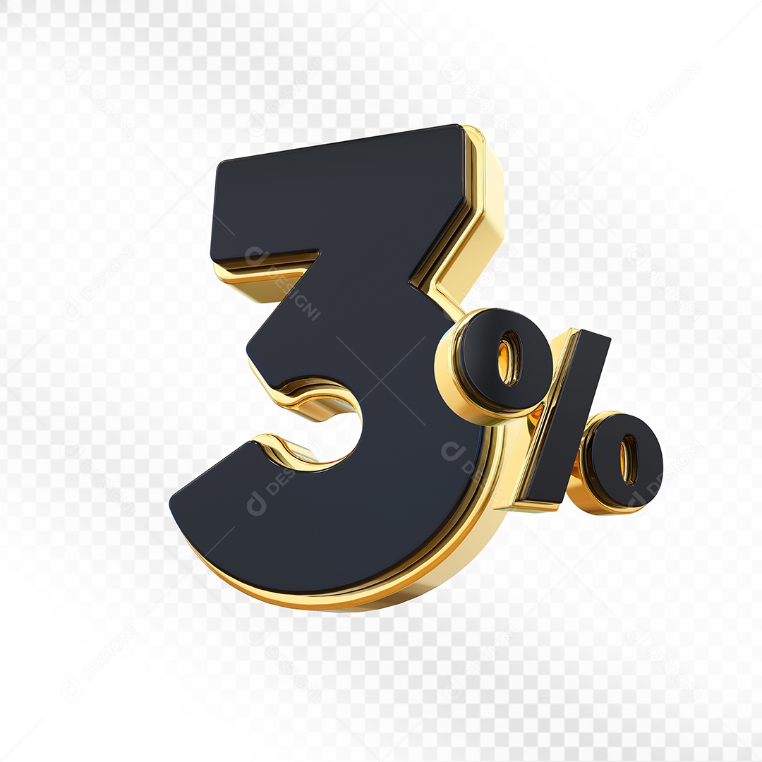 Elemento 3D Número 3% Preto com Dourado Para Composição PSD