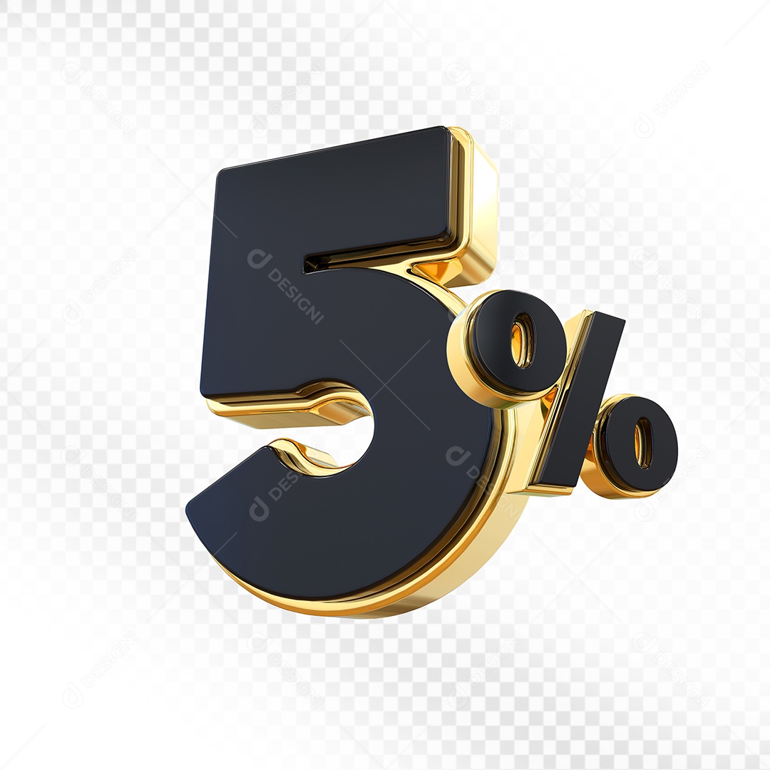 Elemento 3D Número 5% Preto com Dourado Para Composição PSD