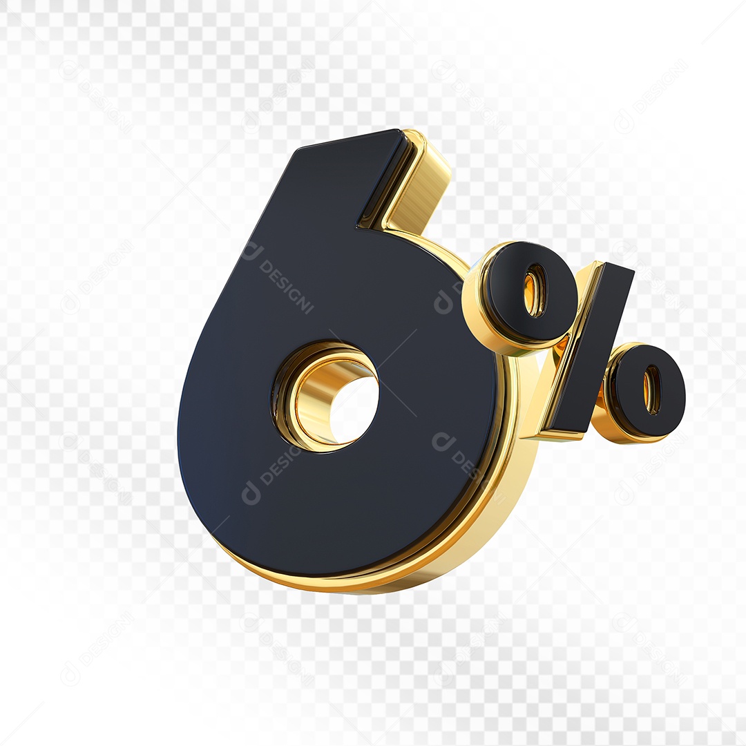 Elemento 3D Número 6% Preto com Dourado Para Composição PSD