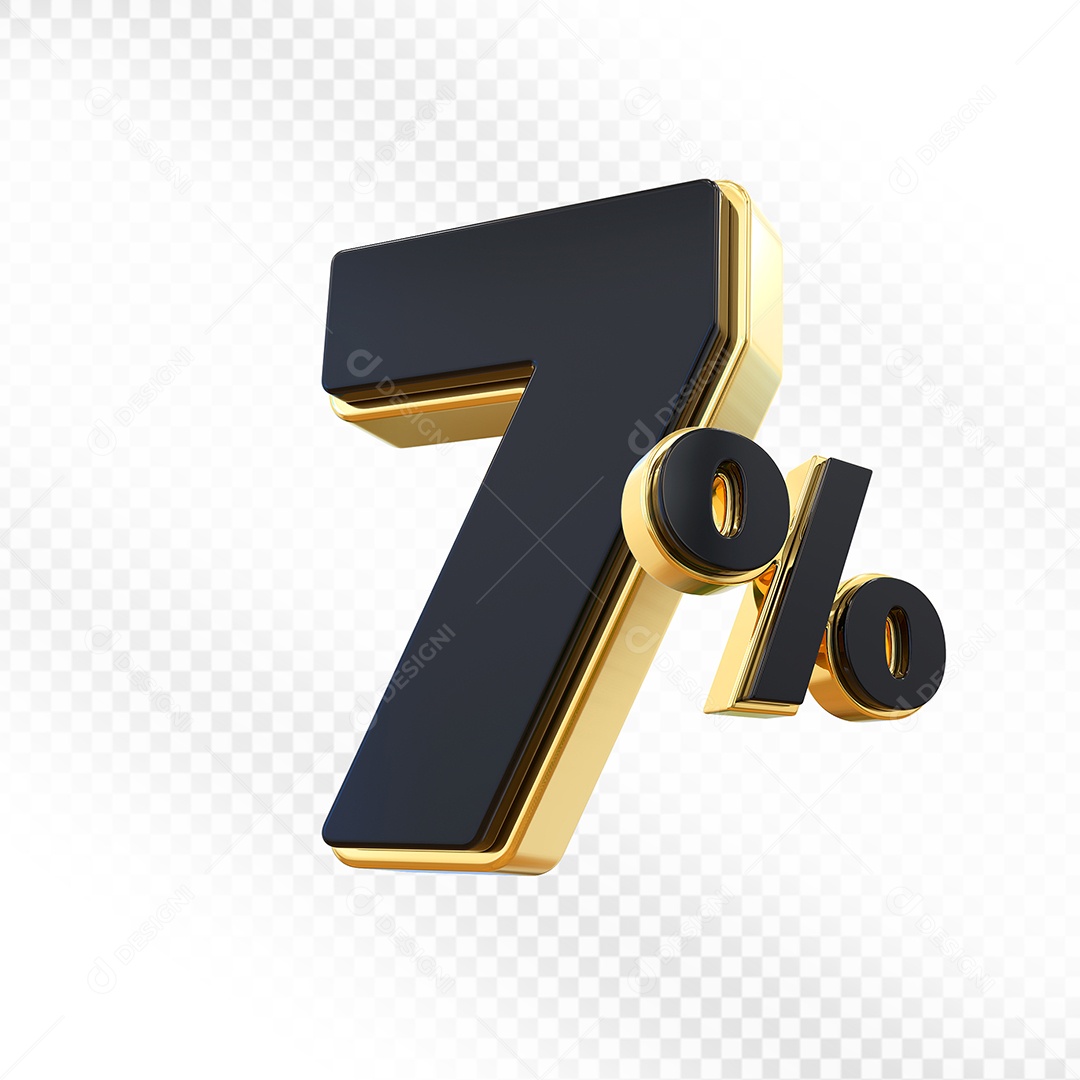 Elemento 3D Número 7% Preto com Dourado Para Composição PSD