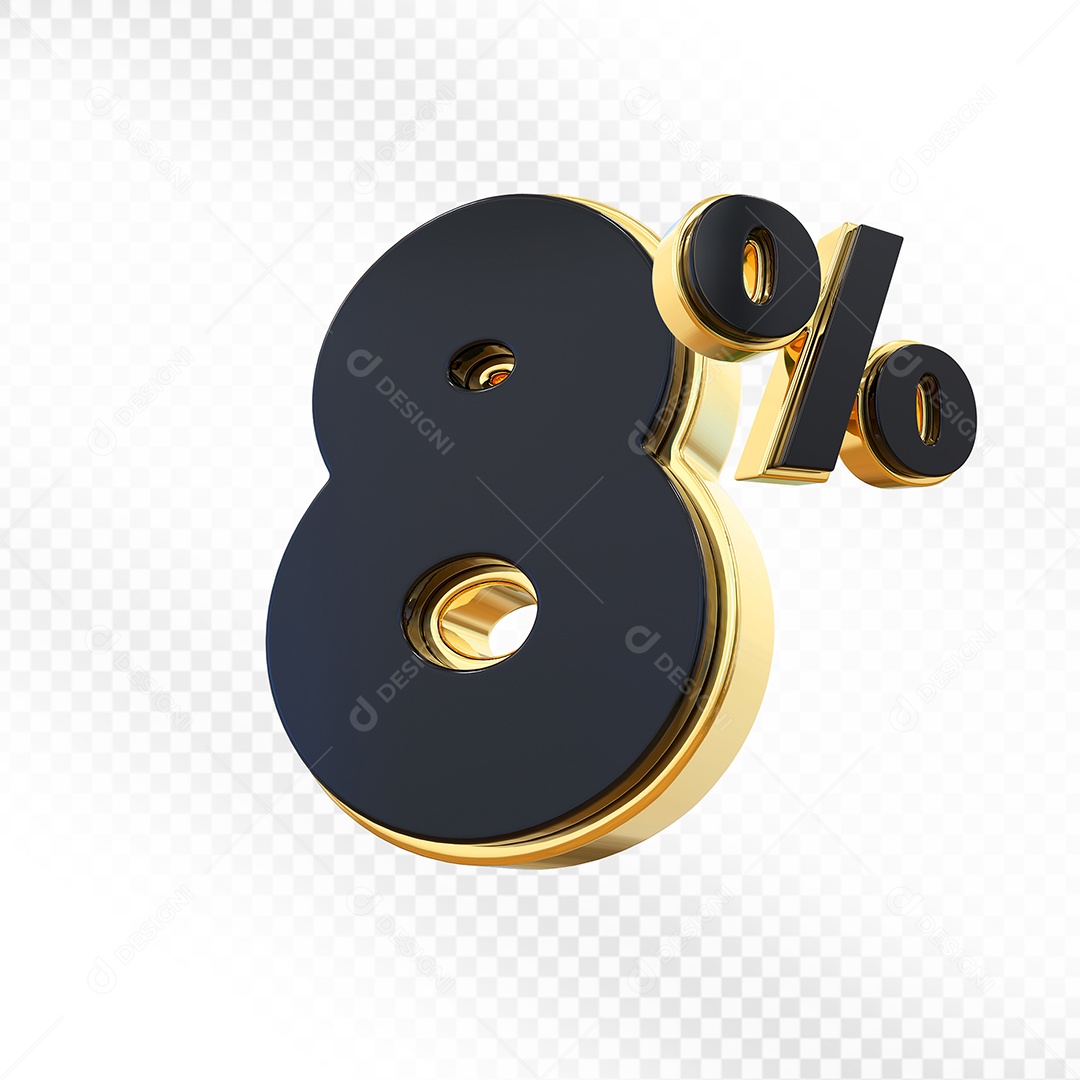 Elemento 3D Número 8% Preto com Dourado Para Composição PSD