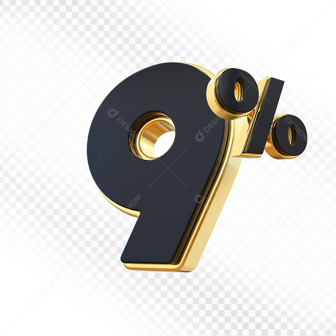 Elemento 3D Número 9% Preto com Dourado Para Composição PSD