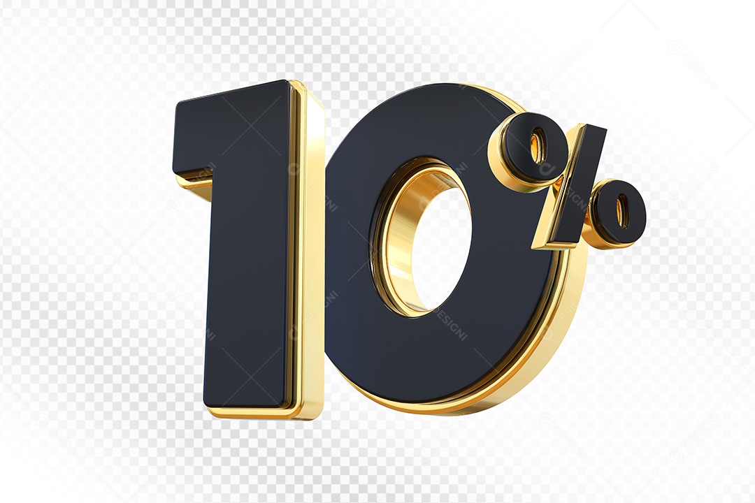 Elemento 3D Número 10% Preto com Dourado Para Composição PSD