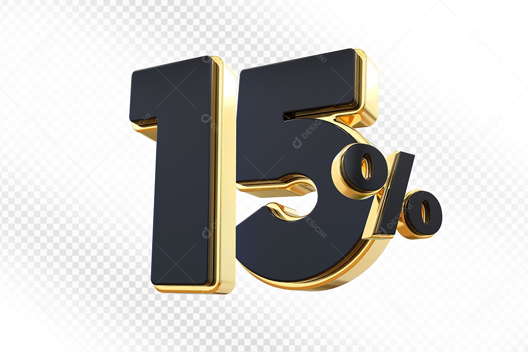 Elemento 3D Número 15% Preto com Dourado Para Composição PSD